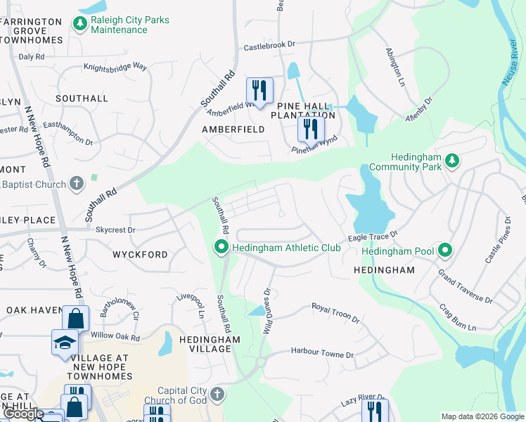 map of restaurants, bars, coffee shops, grocery stores, and more near 4953 Southern Magnolia Drive in Raleigh