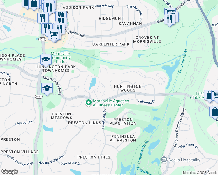 map of restaurants, bars, coffee shops, grocery stores, and more near 111 Boxford Road in Morrisville