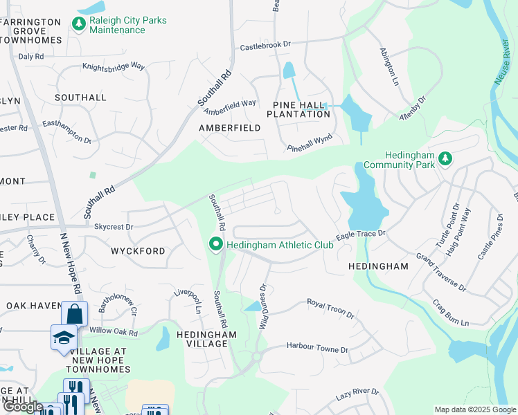 map of restaurants, bars, coffee shops, grocery stores, and more near 4953 Southern Magnolia Drive in Raleigh