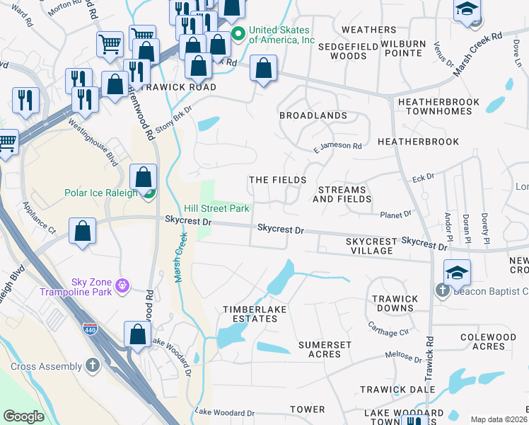 map of restaurants, bars, coffee shops, grocery stores, and more near 2310 Hill Street in Raleigh