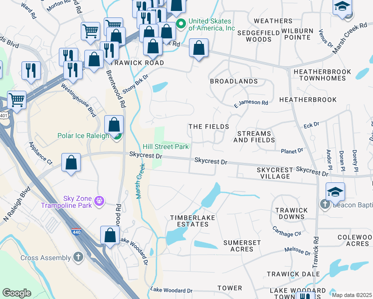 map of restaurants, bars, coffee shops, grocery stores, and more near 2310 Hill Street in Raleigh