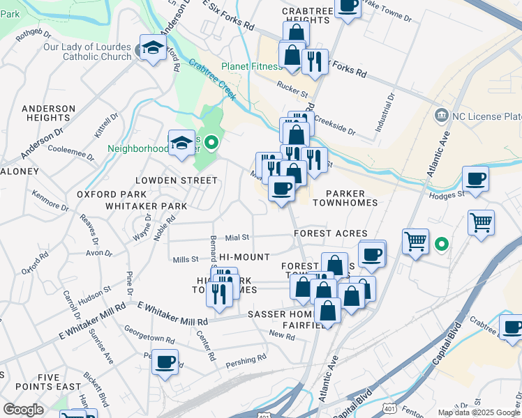 map of restaurants, bars, coffee shops, grocery stores, and more near 2120 Ruark Court in Raleigh