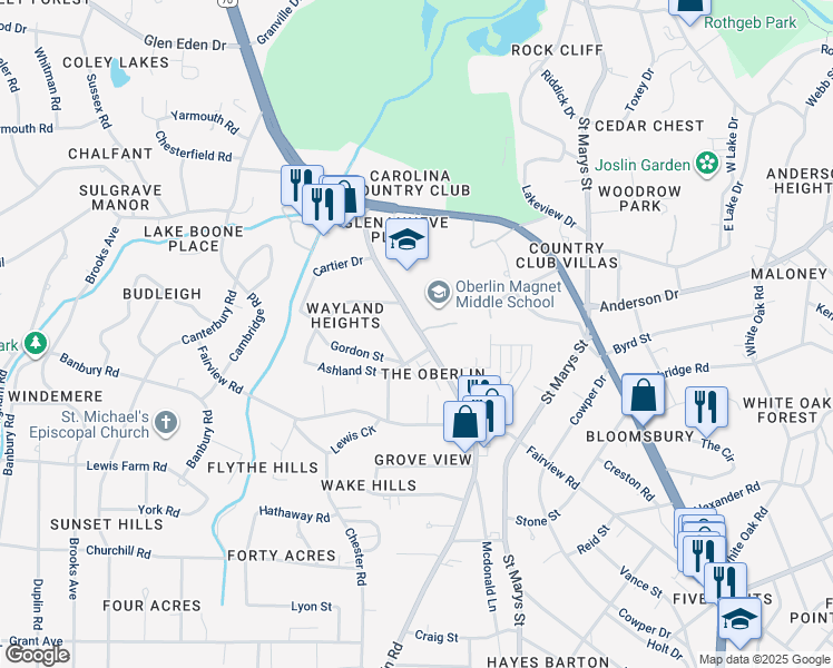 map of restaurants, bars, coffee shops, grocery stores, and more near 2662 Oberlin Road in Raleigh