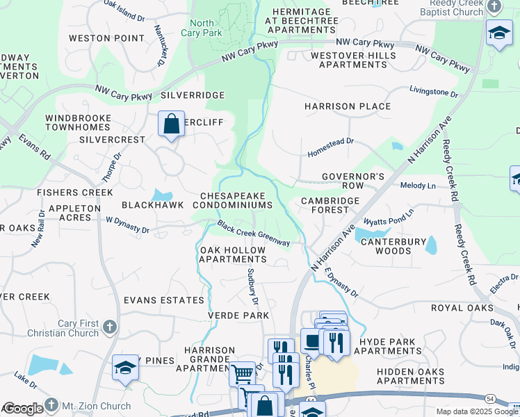 map of restaurants, bars, coffee shops, grocery stores, and more near 505b Gooseneck Drive in Cary