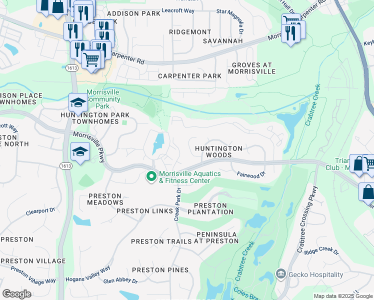 map of restaurants, bars, coffee shops, grocery stores, and more near 111 Boxford Road in Morrisville