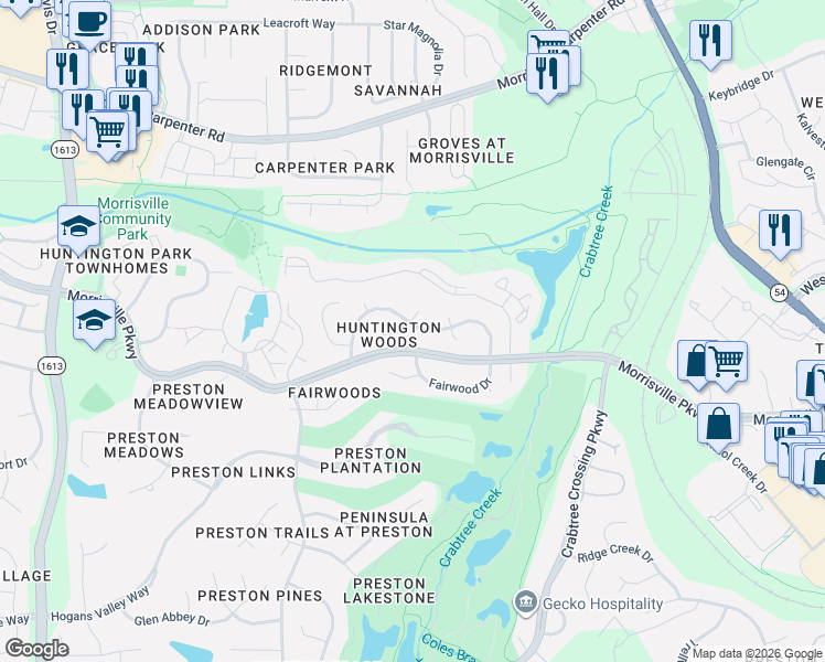 map of restaurants, bars, coffee shops, grocery stores, and more near 100 Wyseferry Court in Morrisville
