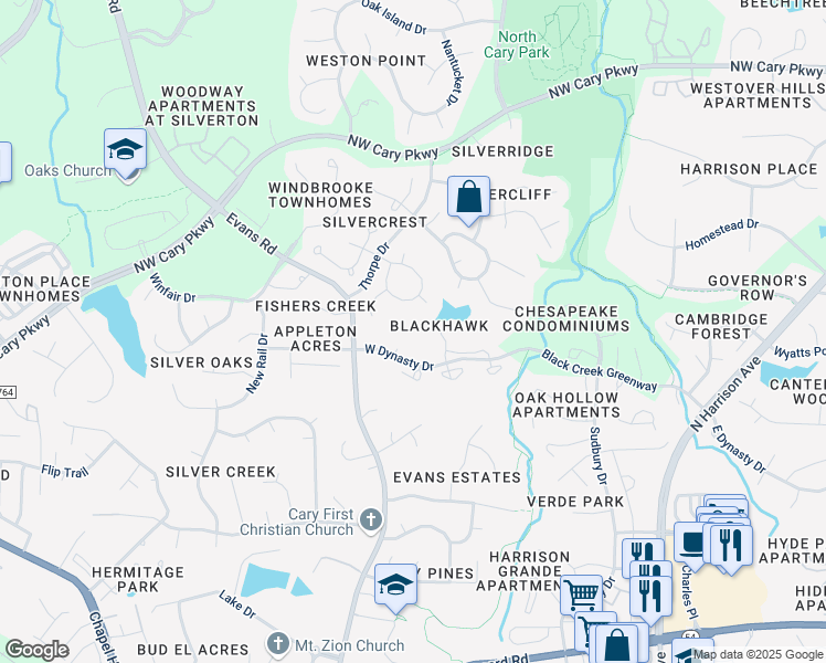 map of restaurants, bars, coffee shops, grocery stores, and more near 1400 Pointe View Lane in Cary