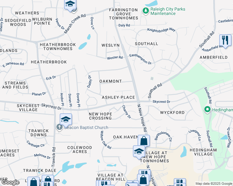 map of restaurants, bars, coffee shops, grocery stores, and more near 4108 Palafox Court in Raleigh
