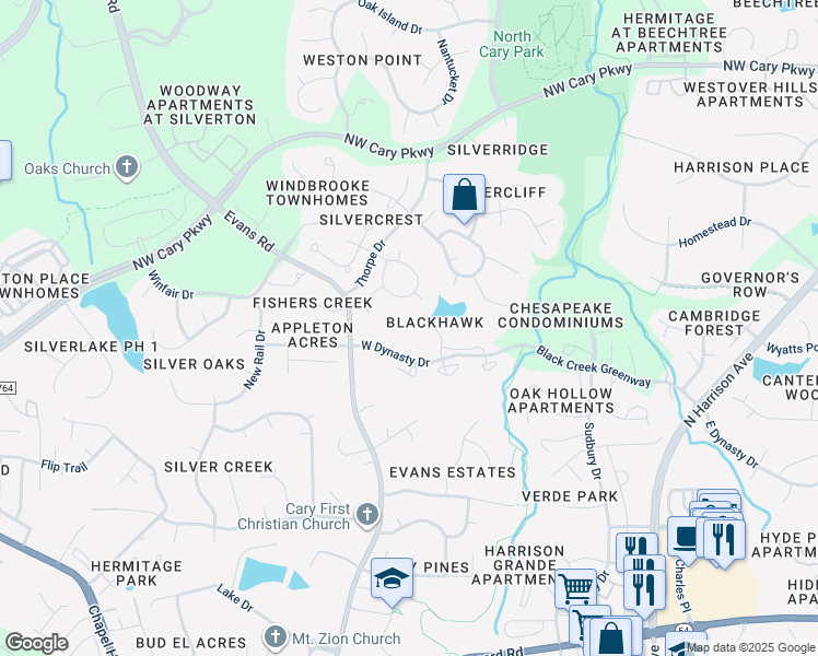 map of restaurants, bars, coffee shops, grocery stores, and more near 533 Glenolden Court in Cary