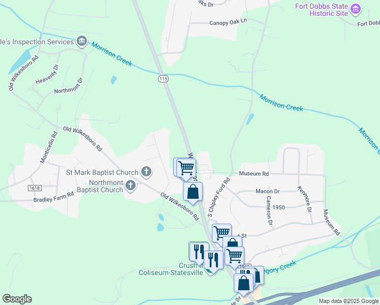 map of restaurants, bars, coffee shops, grocery stores, and more near 1905 North Carolina 115 in Statesville