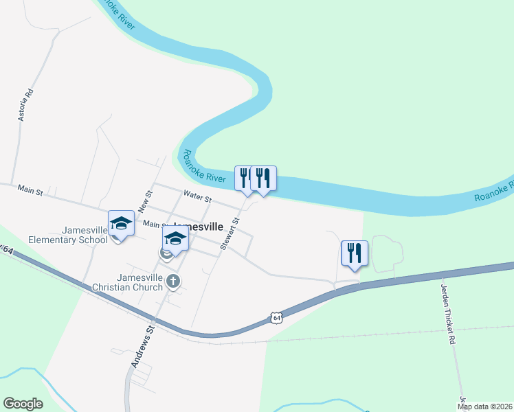 map of restaurants, bars, coffee shops, grocery stores, and more near 1520 Stewart Street in Jamesville