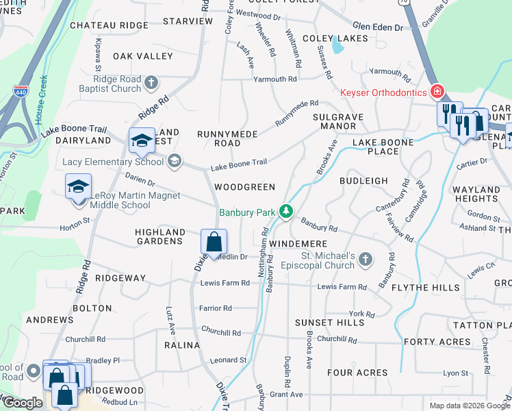 map of restaurants, bars, coffee shops, grocery stores, and more near 3005 Upland Circle in Raleigh