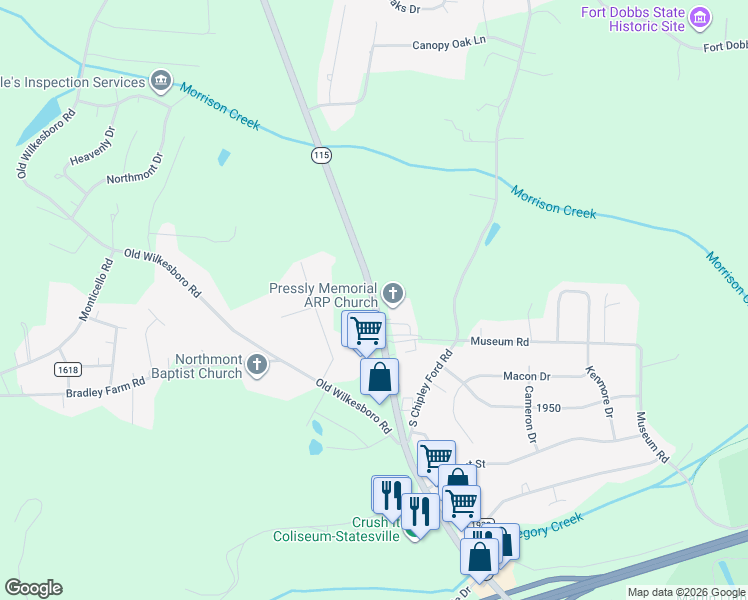 map of restaurants, bars, coffee shops, grocery stores, and more near 1905 North Carolina 115 in Statesville
