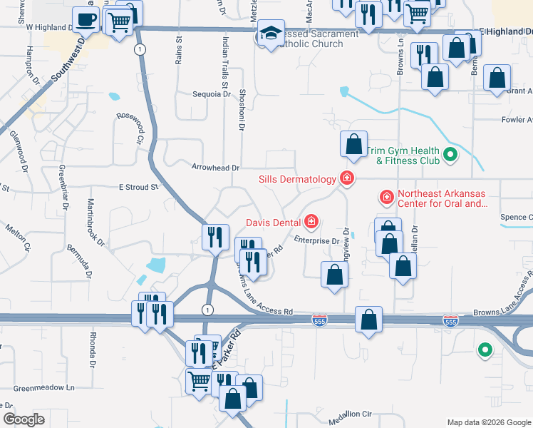 map of restaurants, bars, coffee shops, grocery stores, and more near 2501 Abbey Road in Jonesboro