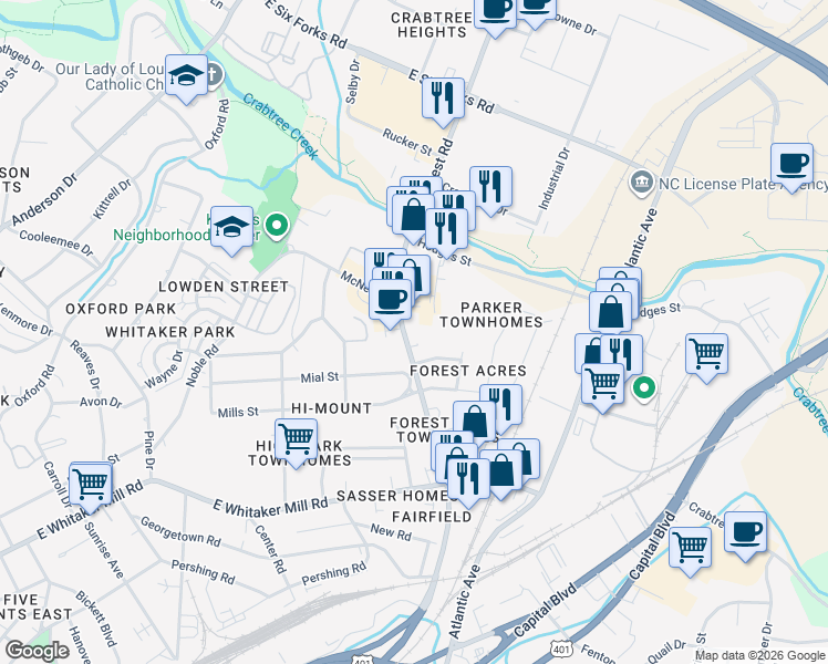 map of restaurants, bars, coffee shops, grocery stores, and more near 2224 Wake Forest Road in Raleigh