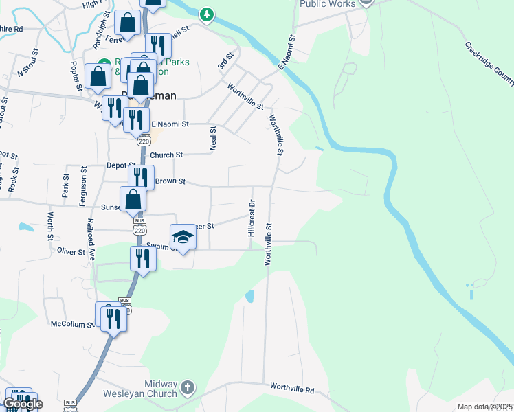 map of restaurants, bars, coffee shops, grocery stores, and more near 417 Hillcrest Drive in Randleman