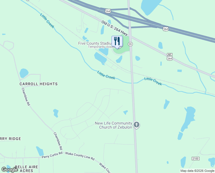 map of restaurants, bars, coffee shops, grocery stores, and more near 1277 Sidney Creek Drive in Zebulon