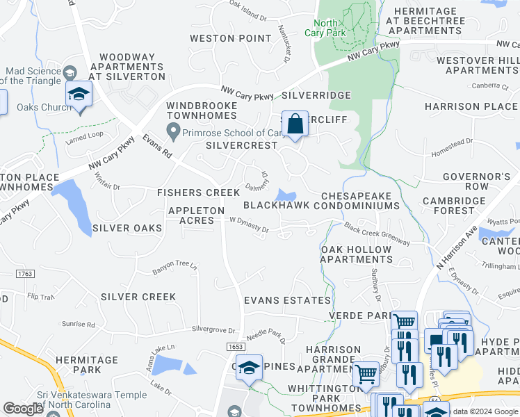 map of restaurants, bars, coffee shops, grocery stores, and more near 521 Glenolden Court in Cary