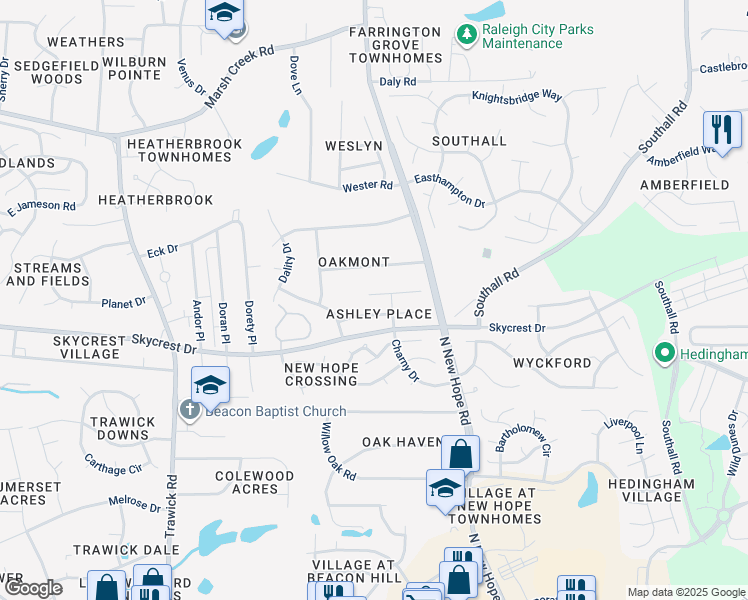 map of restaurants, bars, coffee shops, grocery stores, and more near 4108 Palafox Court in Raleigh