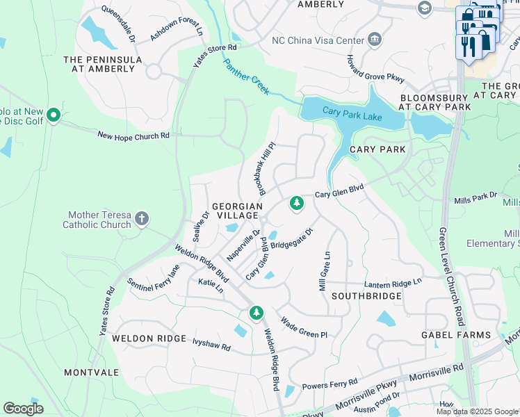 map of restaurants, bars, coffee shops, grocery stores, and more near 602 Alden Bridge Drive in Cary