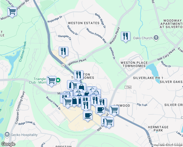 map of restaurants, bars, coffee shops, grocery stores, and more near 302 Copperfield Court in Cary