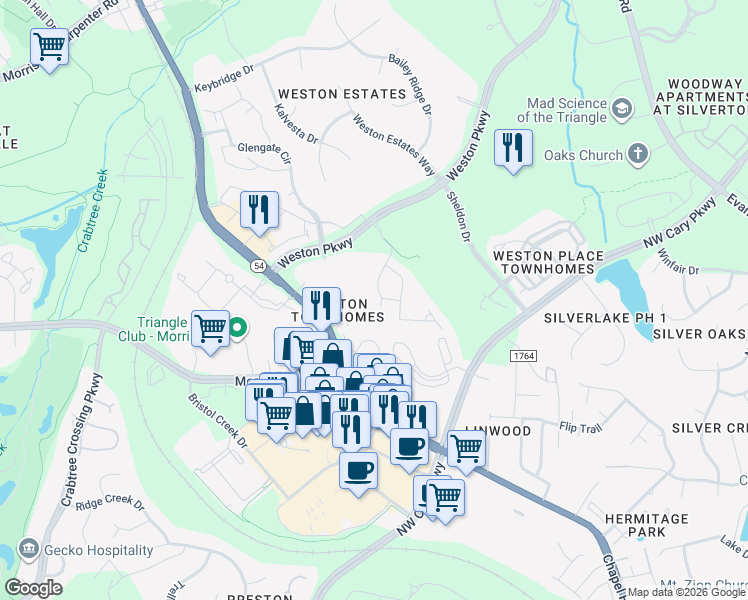 map of restaurants, bars, coffee shops, grocery stores, and more near 302 Copperfield Court in Cary