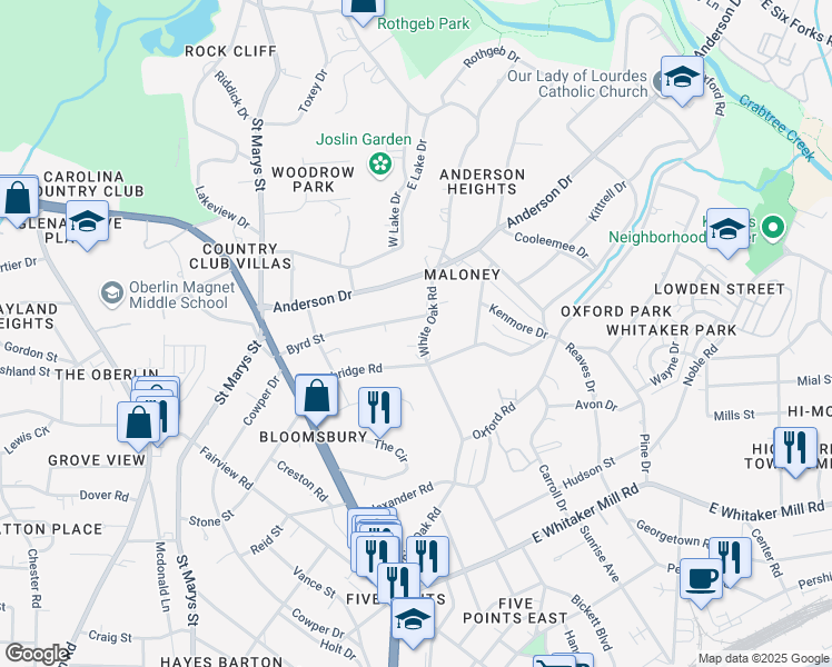 map of restaurants, bars, coffee shops, grocery stores, and more near 2207 White Oak Road in Raleigh
