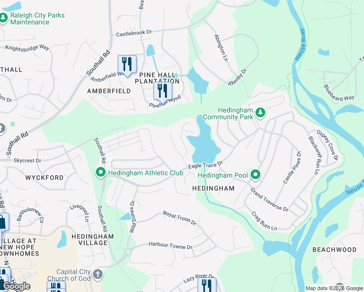 map of restaurants, bars, coffee shops, grocery stores, and more near 2025 Shadow Creek Drive in Raleigh