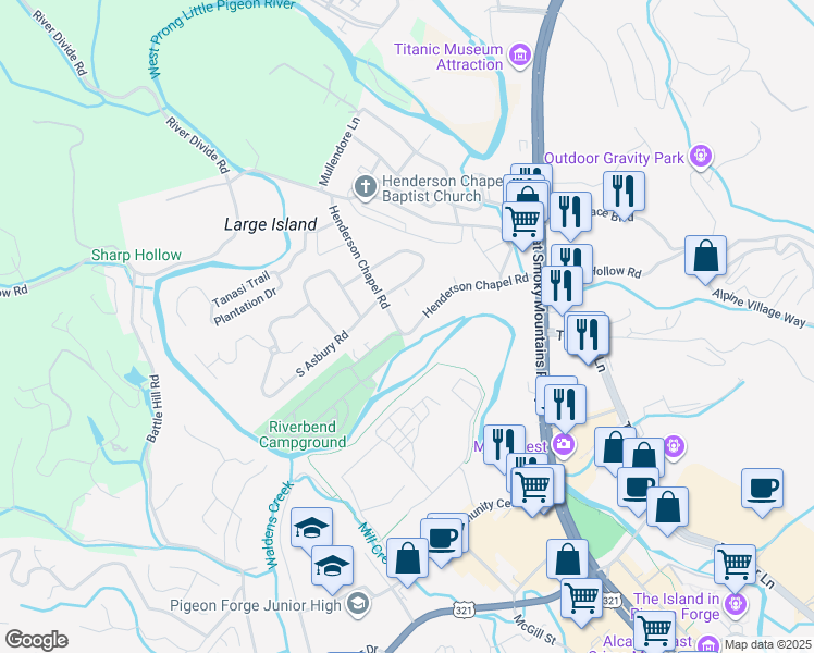 map of restaurants, bars, coffee shops, grocery stores, and more near 404 Henderson Chapel Road in Sevierville