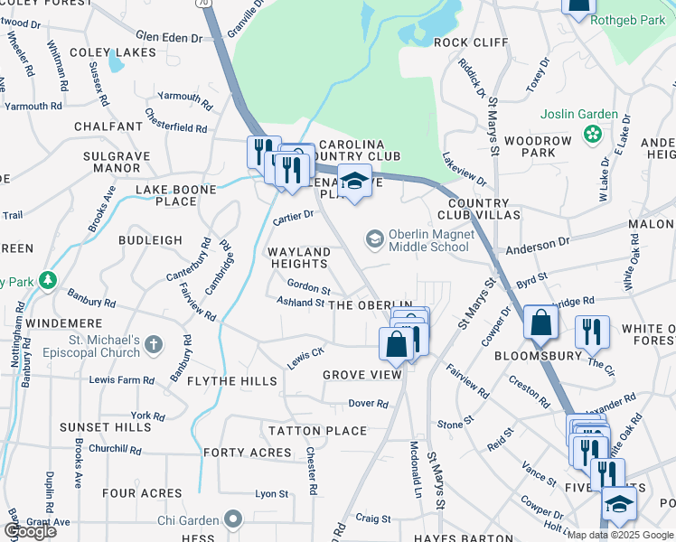 map of restaurants, bars, coffee shops, grocery stores, and more near 2710 Peachtree Street in Raleigh