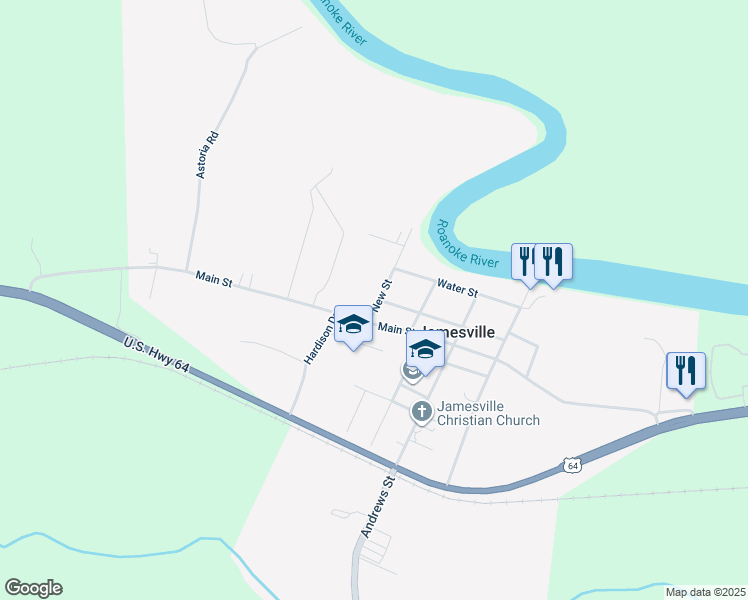 map of restaurants, bars, coffee shops, grocery stores, and more near 1055 New Street in Jamesville