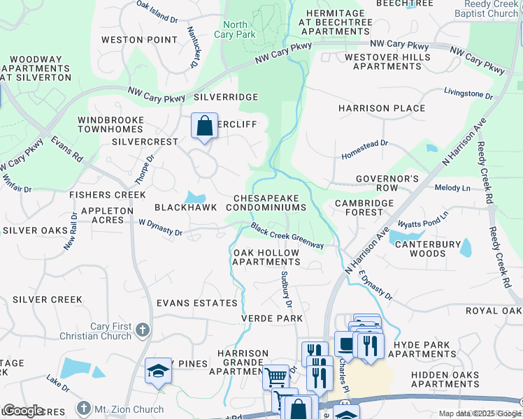 map of restaurants, bars, coffee shops, grocery stores, and more near 403 Gooseneck Drive in Cary