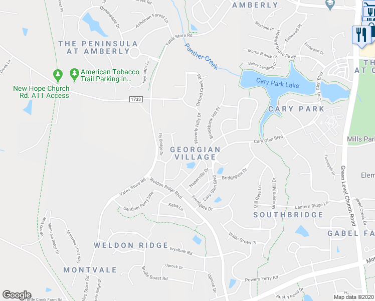 map of restaurants, bars, coffee shops, grocery stores, and more near 121 Alden Village Court in Cary
