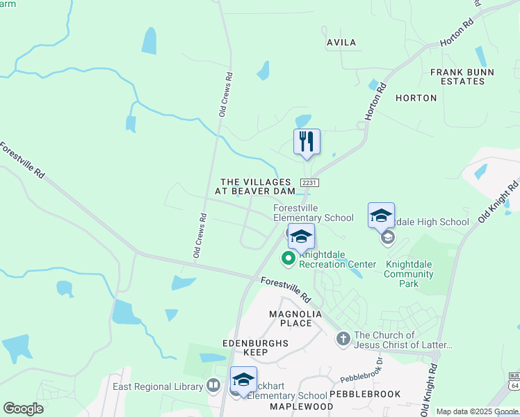 map of restaurants, bars, coffee shops, grocery stores, and more near 314 Red Mountain Lane in Knightdale
