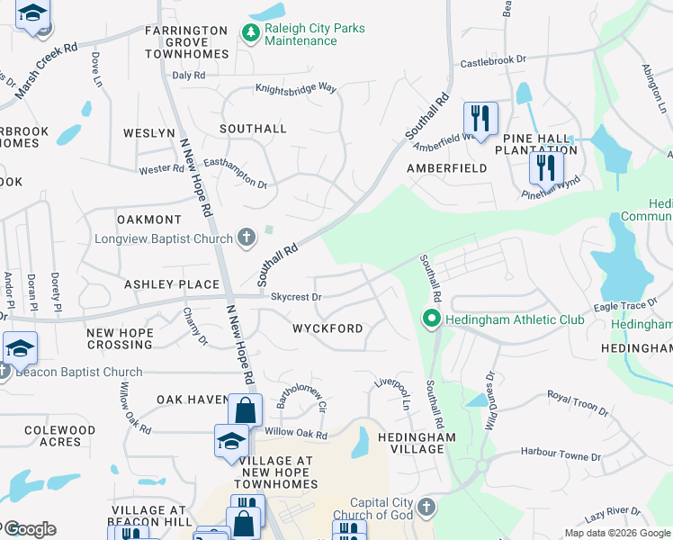 map of restaurants, bars, coffee shops, grocery stores, and more near 4617 Tollington Drive in Raleigh