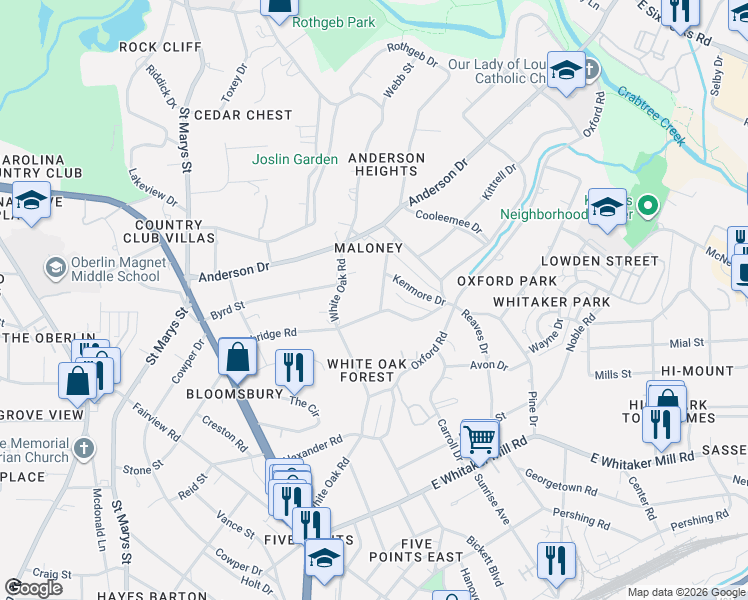 map of restaurants, bars, coffee shops, grocery stores, and more near 2605 Lochmore Drive in Raleigh