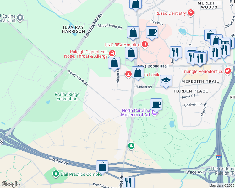 map of restaurants, bars, coffee shops, grocery stores, and more near 4000 Sunset Ridge Road in Raleigh