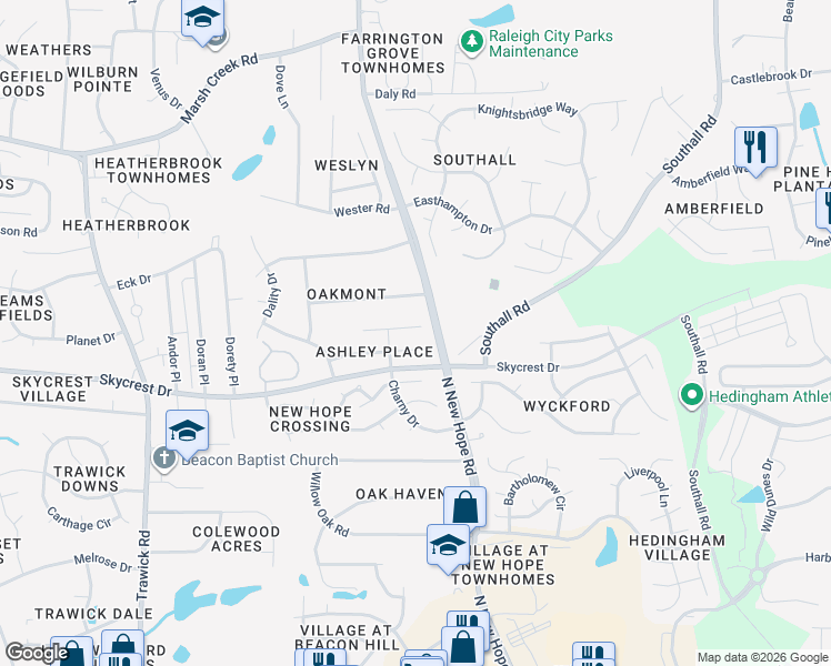 map of restaurants, bars, coffee shops, grocery stores, and more near 4228 Palafox Ct in Raleigh