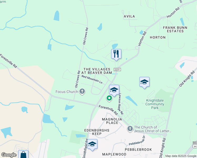 map of restaurants, bars, coffee shops, grocery stores, and more near 314 Red Mountain Lane in Knightdale