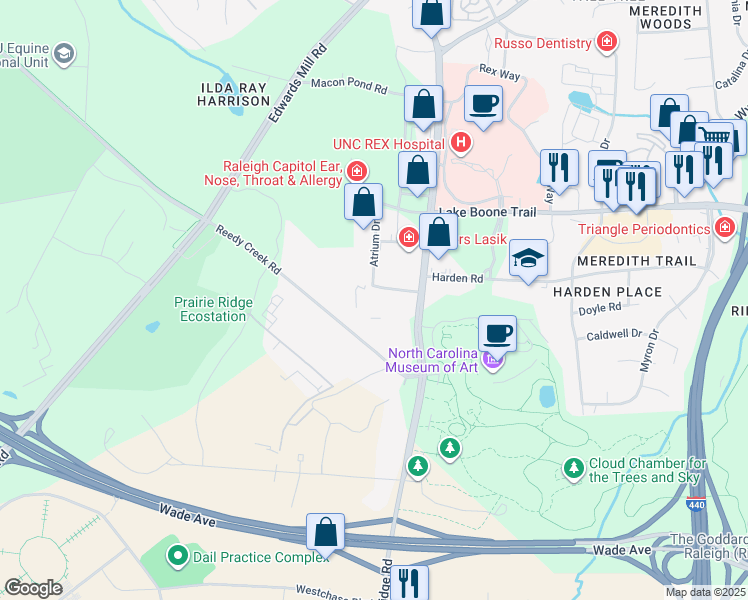 map of restaurants, bars, coffee shops, grocery stores, and more near 3921 Sunset Ridge Road in Raleigh