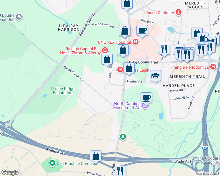 map of restaurants, bars, coffee shops, grocery stores, and more near 3921 Sunset Ridge Road in Raleigh