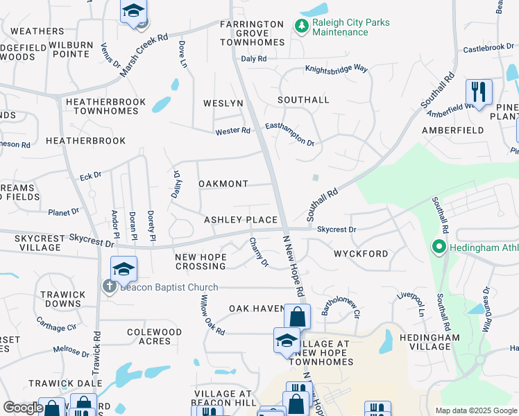map of restaurants, bars, coffee shops, grocery stores, and more near 4216 Palafox Court in Raleigh