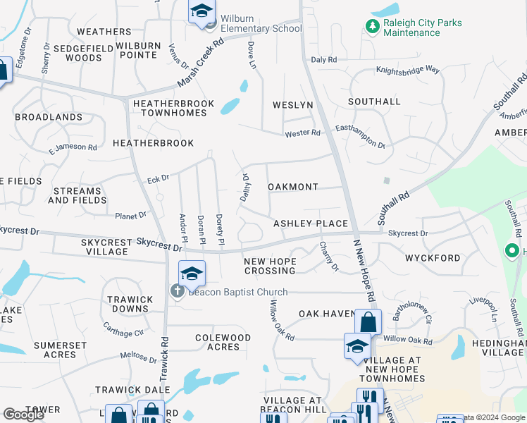 map of restaurants, bars, coffee shops, grocery stores, and more near 2404 Diquedo Drive in Raleigh