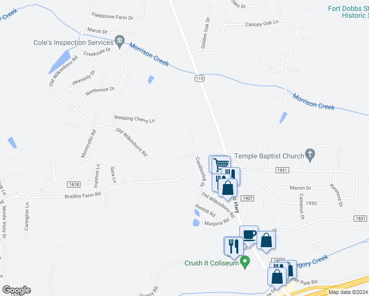 map of restaurants, bars, coffee shops, grocery stores, and more near 113 Chalice Court in Statesville