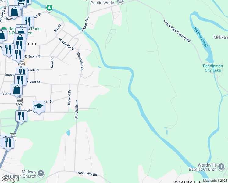 map of restaurants, bars, coffee shops, grocery stores, and more near 616 East Brown Street in Randleman