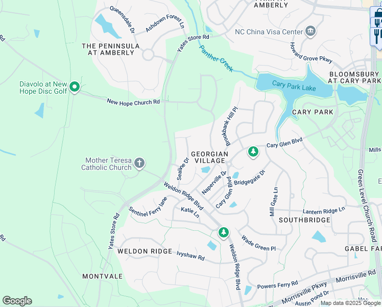 map of restaurants, bars, coffee shops, grocery stores, and more near 630 Sealine Drive in Cary