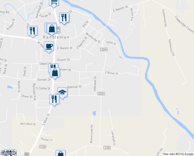 map of restaurants, bars, coffee shops, grocery stores, and more near 417 Hillcrest Drive in Randleman