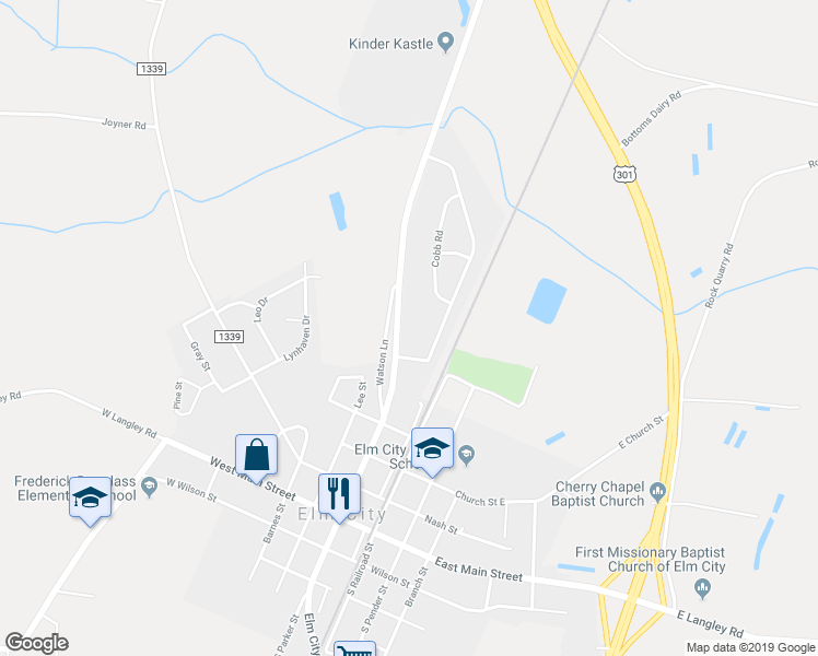 map of restaurants, bars, coffee shops, grocery stores, and more near 504 South Parker Street in Elm City