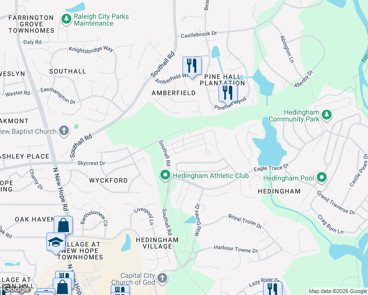 map of restaurants, bars, coffee shops, grocery stores, and more near 4737 Forest Highland Drive in Raleigh