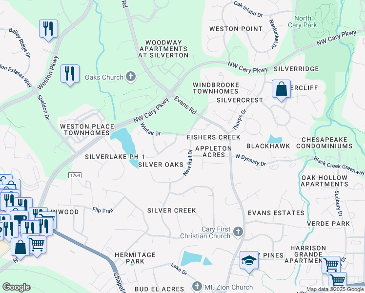 map of restaurants, bars, coffee shops, grocery stores, and more near 104 Larkspur Lane in Cary
